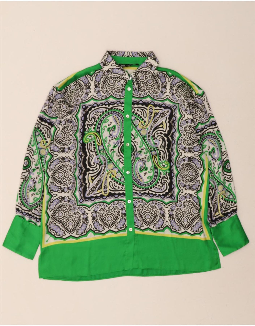 ZARA Womens Oversized Shirt Blouse UK 10 Small Green Paisley Polyester Vintage Zara and Second-Hand Zara from Messina Hembry 