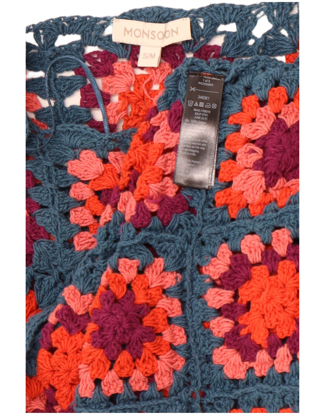 Damski sweter MONSOON szydełkowany z dekoltem w łódkę UK 10 w małą niebieską kratkę