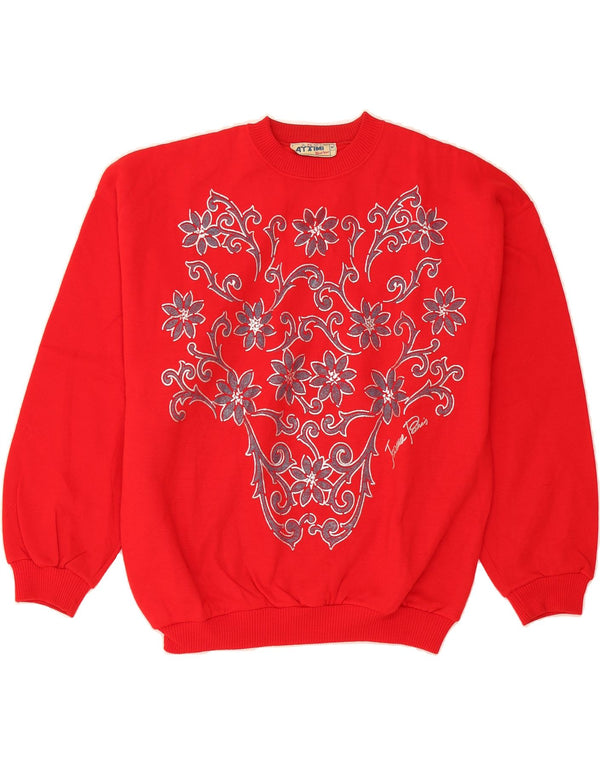 Sweter damski VINTAGE z okrągłym dekoltem UK 14, średni czerwony, kwiatowy, akrylowy