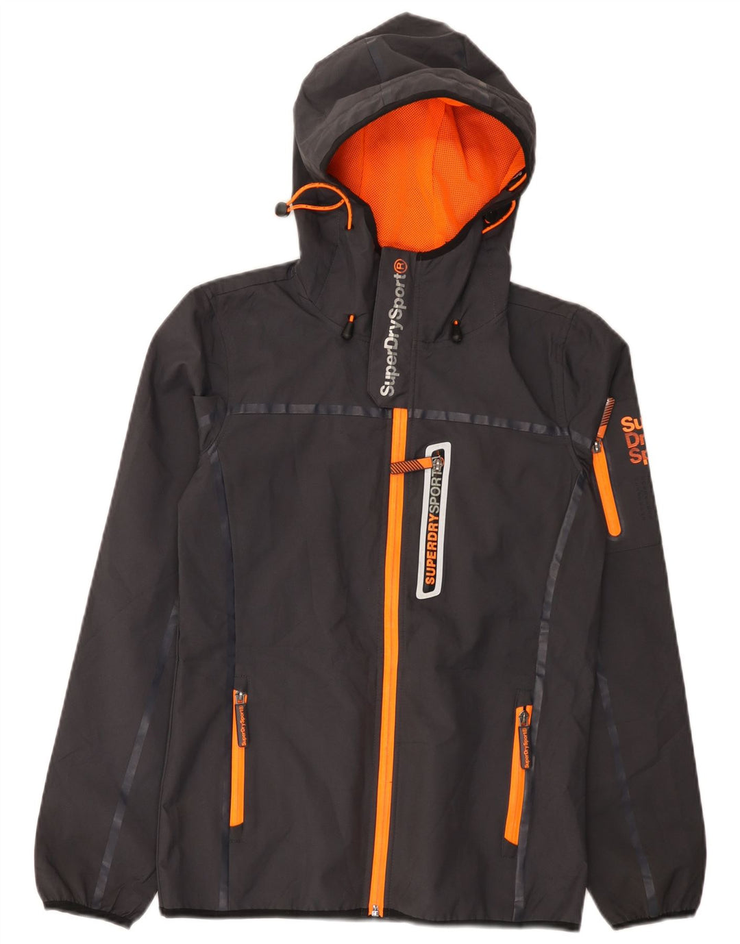 Męska kurtka przeciwdeszczowa z kapturem i grafiką Superdry UK 34 XS, szary poliester