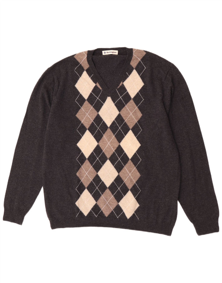 Męski sweter Burlington z dekoltem w kształcie litery V IT 52, duży, szary Argyle/Diament
