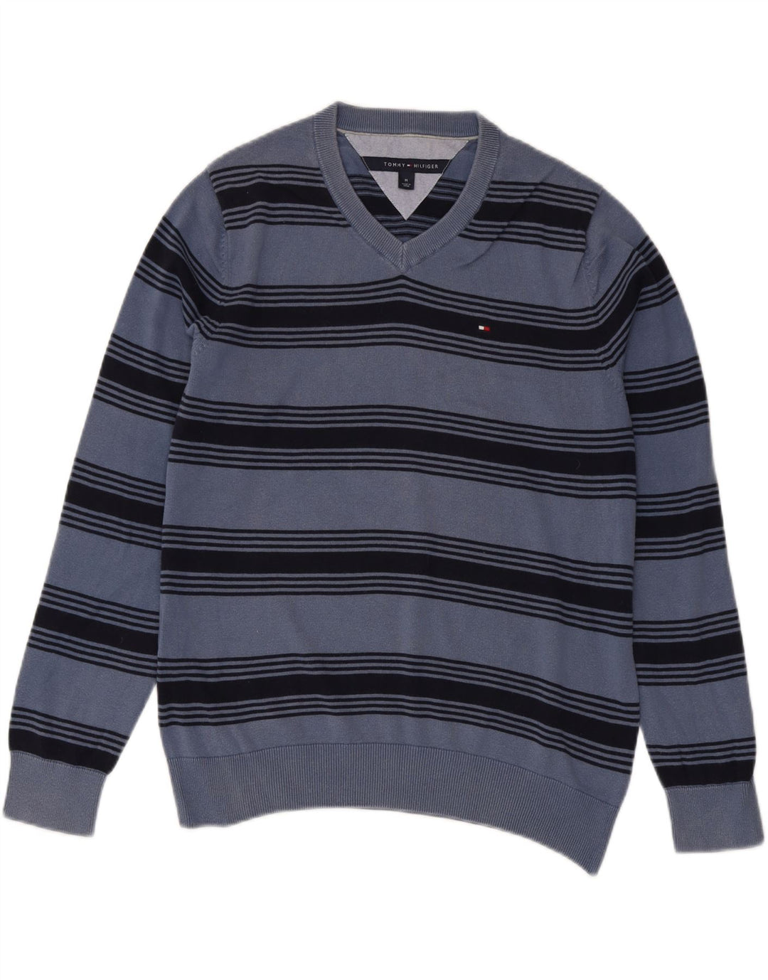 TOMMY HILFIGER Męski sweter z dekoltem w kształcie litery V, bawełniany w średnie niebieskie paski