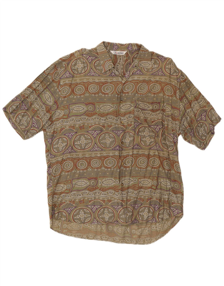 Koszula męska z krótkim rękawem w stylu vintage, duża, geometryczna wiskoza khaki