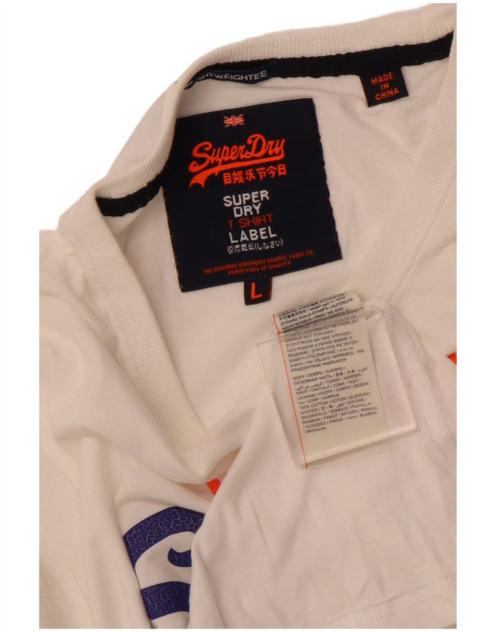 SUPERDRY Męski T-shirt z grafiką, duży, biały, bawełniany