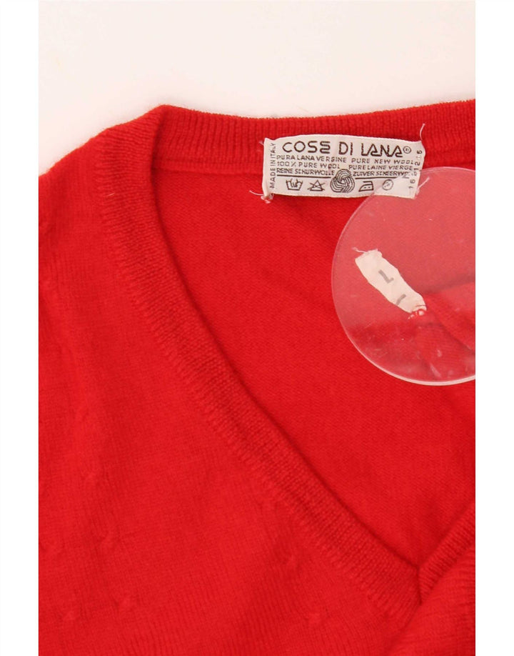 Męski sweter w stylu vintage z dekoltem w szpic, duży, z czerwonej wełny dziewiczej