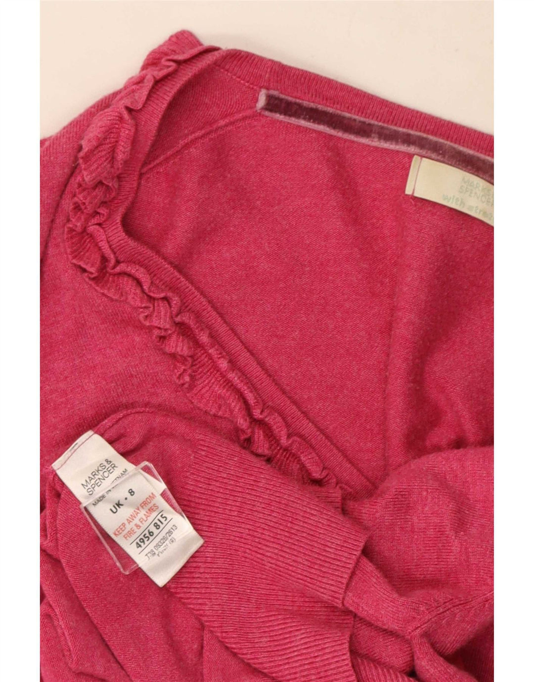 Marks & Spencer Damski sweter rozpinany z falbaną z przodu, UK 8, mały, różowy