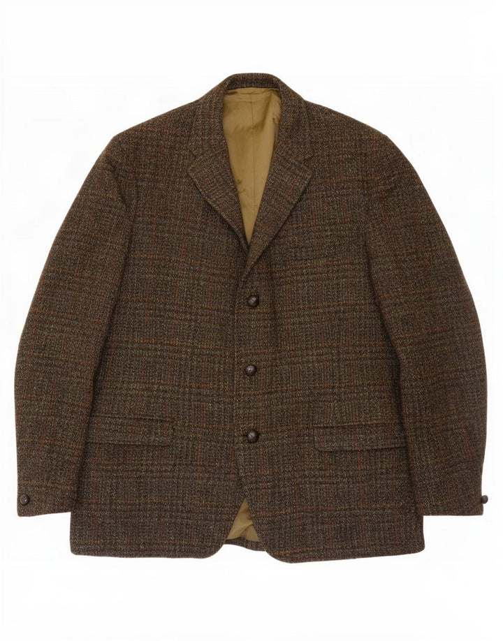 Męska marynarka zapinana na 3 guziki Harris Tweed UK 38 Średnia wełniana krata khaki