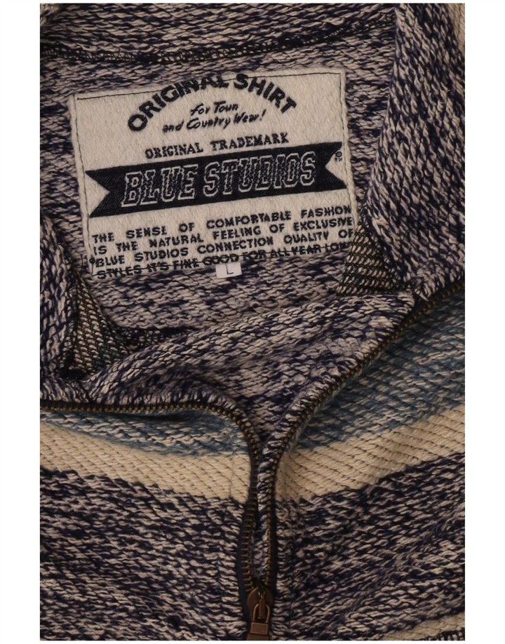 Vintage męska bluza z zamkiem 1/4, sweter w średnie niebieskie paski w stylu retro