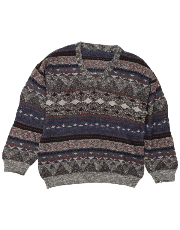 Vintage męski sweter z dekoltem w kształcie litery V, duży, wielokolorowy Fair Isle