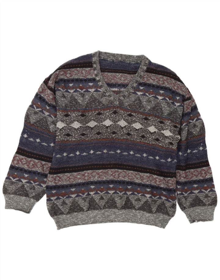 Vintage męski sweter z dekoltem w kształcie litery V, duży, wielokolorowy Fair Isle