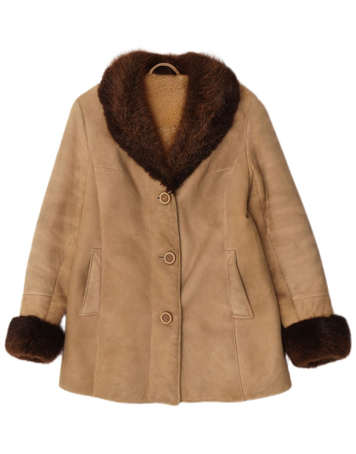 Vintage damski płaszcz z owczej skóry UK 10 Small Beige