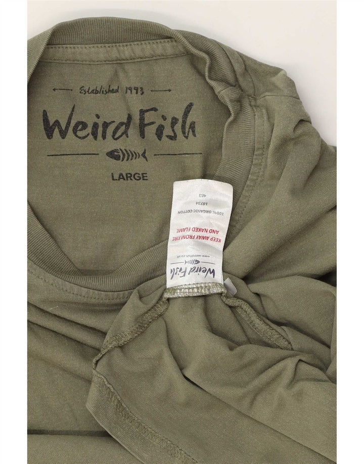 Męski T-shirt z grafiką Weird Fish, duży, bawełniany khaki