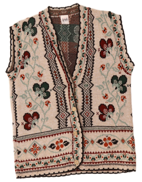 Vintage damski sweter bez rękawów, sweter UK 14, duży, beżowy, kwiatowy, akrylowy