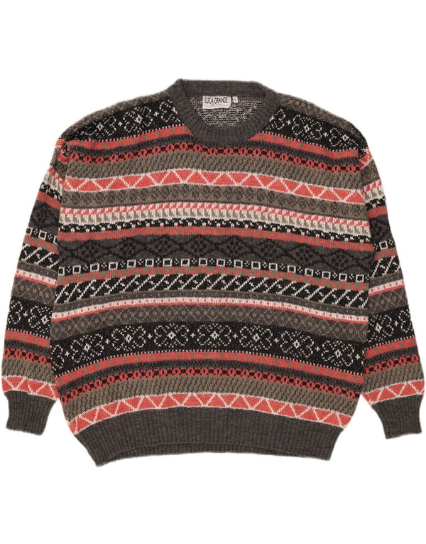 Vintage męski sweter z wycięciem pod szyją, duży, szary, geometryczny akryl
