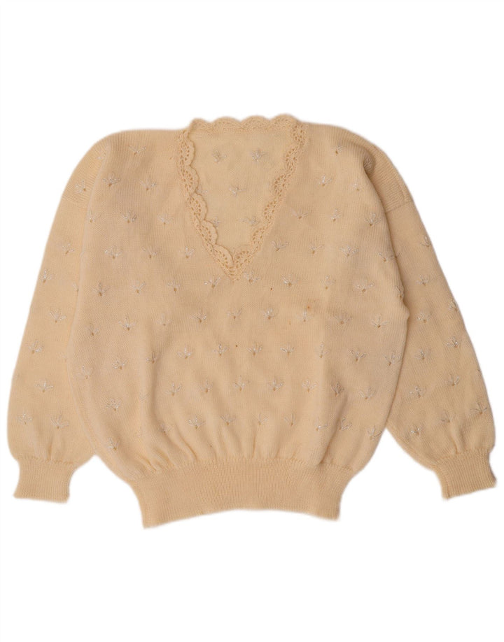 Sweter damski VINTAGE z dekoltem w kształcie litery V, UK 14, średni, w kolorze złamanej bieli, w kwiaty