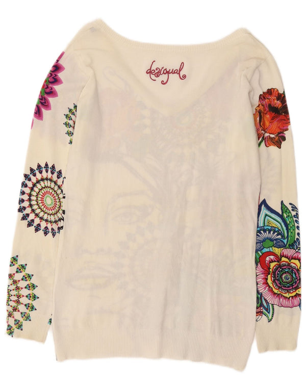Damski sweter Desigual z graficznym dekoltem w kształcie litery V, UK 14, duży, biały w kwiaty