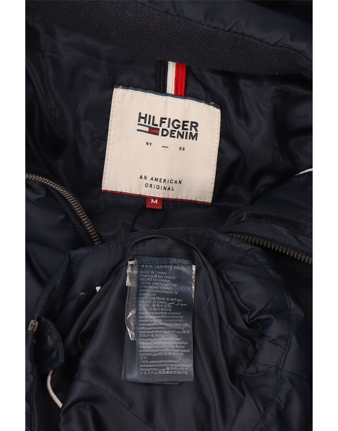 Damska ocieplana kurtka z kapturem Tommy Hilfiger UK 12, średni granatowy poliester