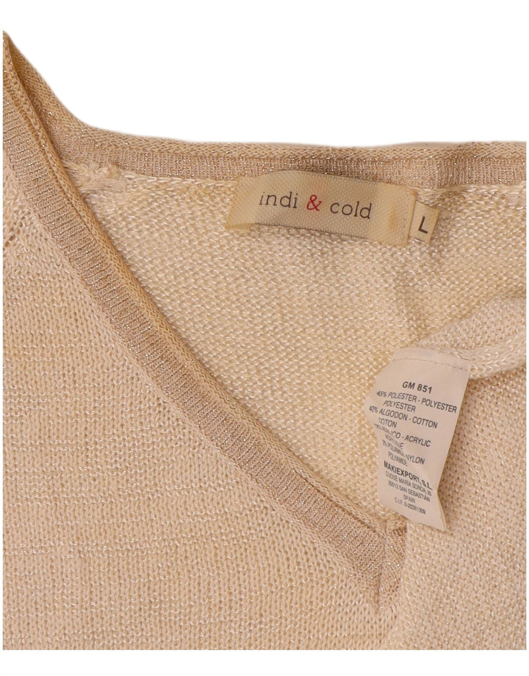 Sweter damski w stylu vintage z dekoltem w kształcie litery V, UK 16, duży, beżowy poliester