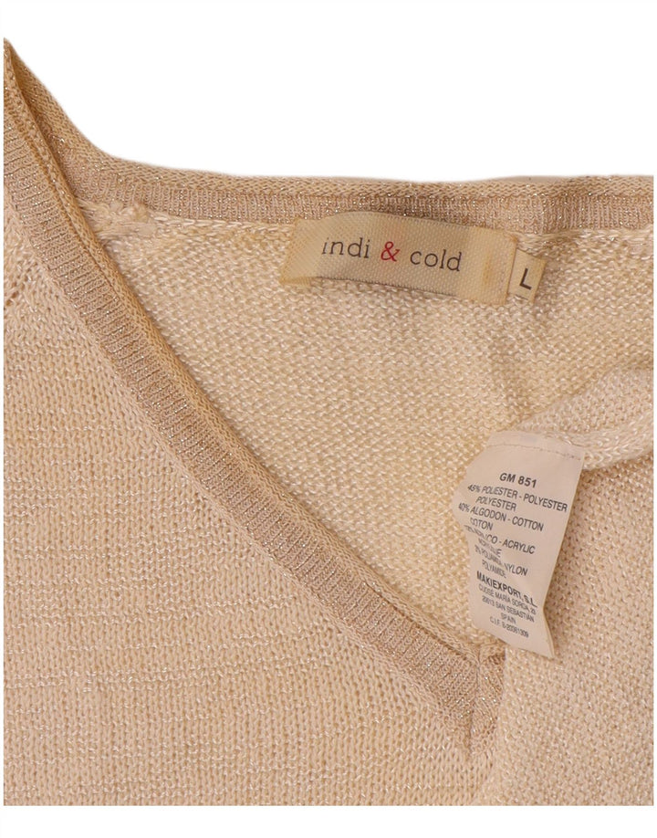 Sweter damski w stylu vintage z dekoltem w kształcie litery V, UK 16, duży, beżowy poliester