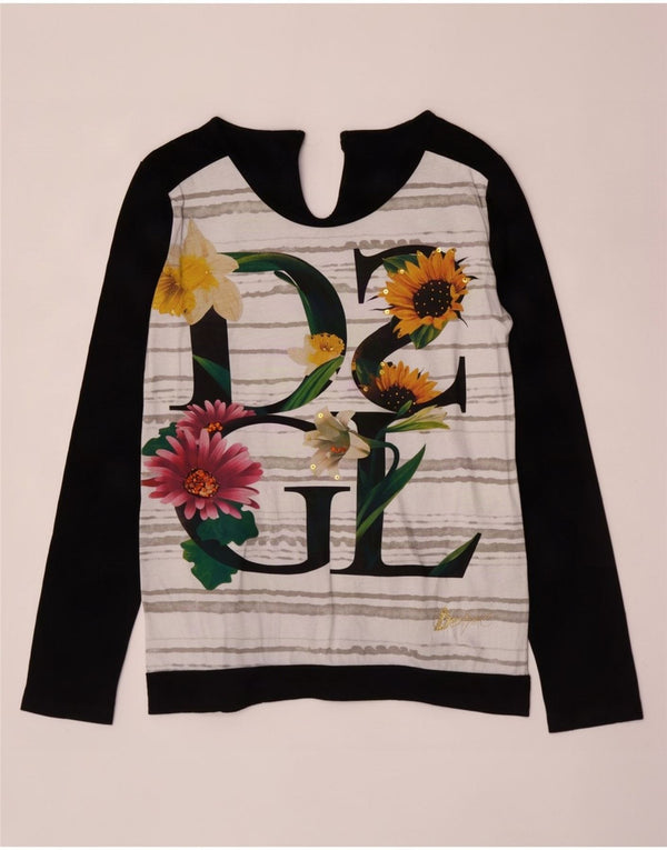 Desigual damski top graficzny z długim rękawem UK 14, duży, czarny, z bawełny w kwiaty