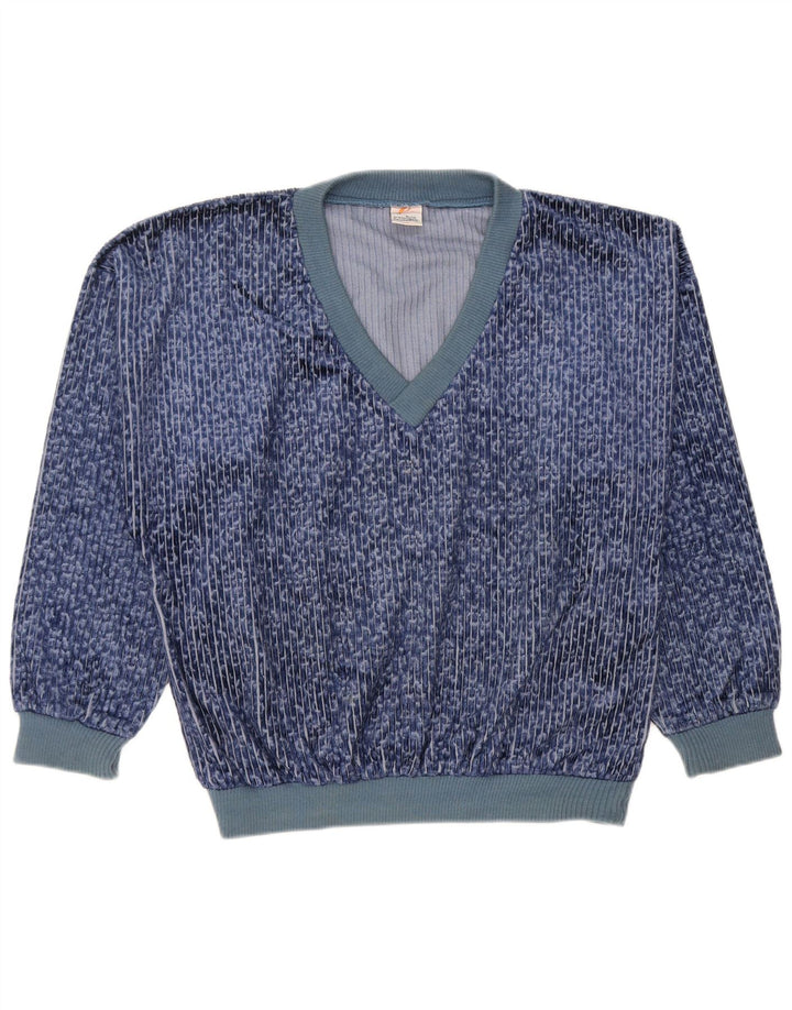 Męski welurowy sweter w stylu vintage, średni niebieski, prążkowany poliester