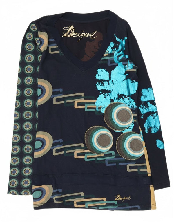 Desigual damski top graficzny z długim rękawem UK 10, mały, granatowy
