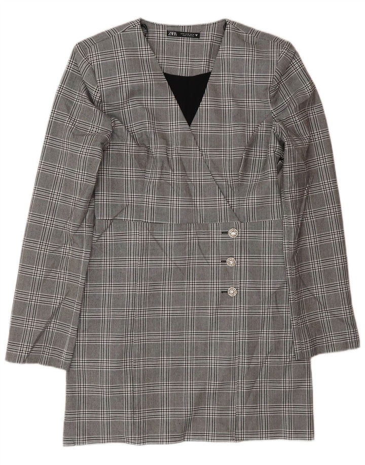 Damska sukienka typu shift Zara z długim rękawem UK 12, średni szary poliester w kratę