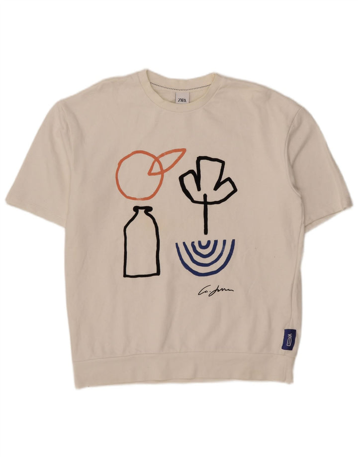 Męska bluza z krótkim rękawem i grafiką Zara, duża, biała, bawełniana