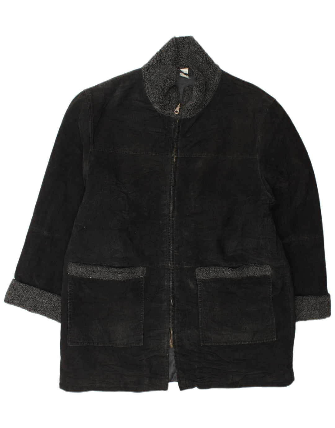 Zamszowy płaszcz damski VINTAGE UK 18 XL, czarna skóra
