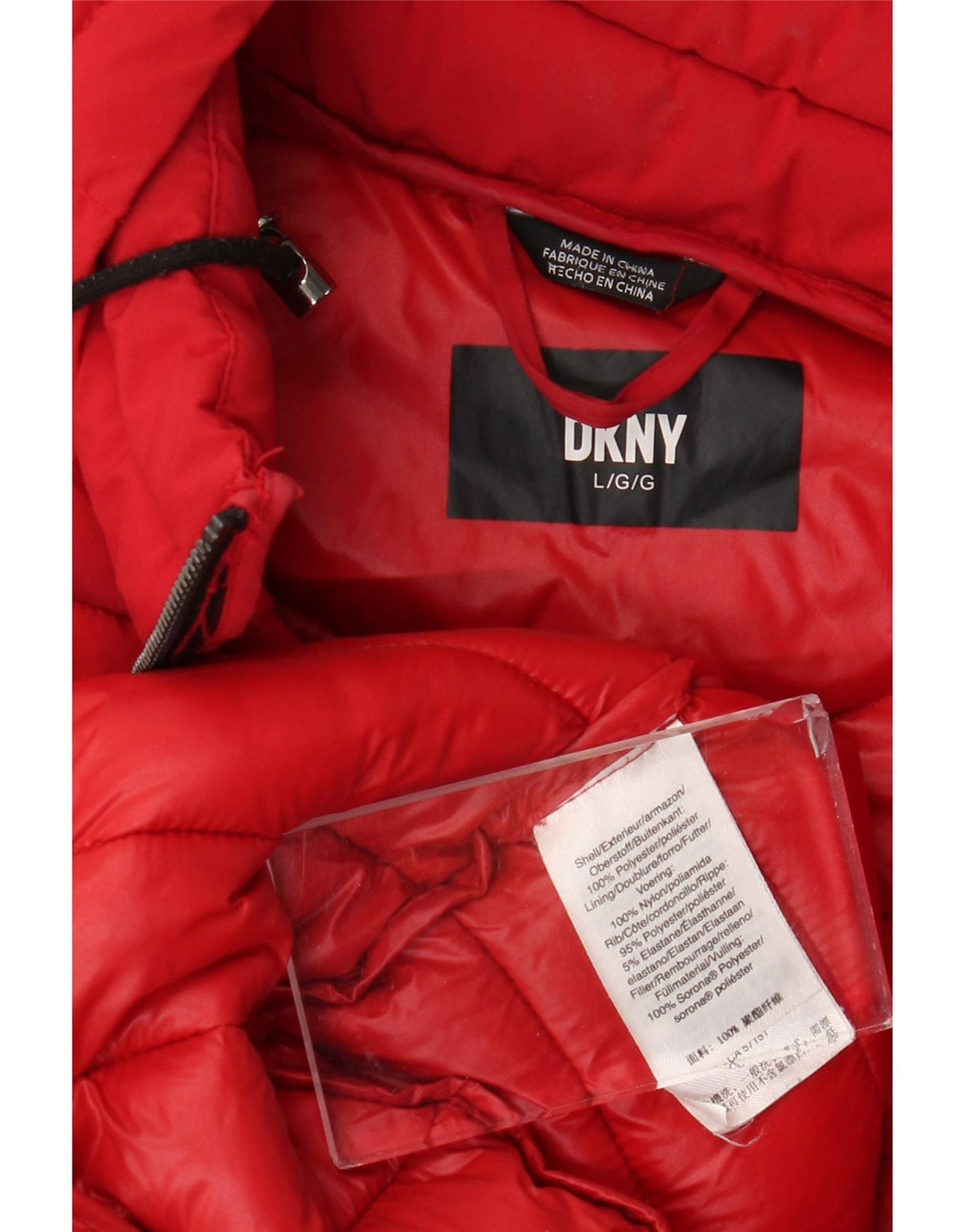 Damski ocieplany płaszcz z kapturem Dkny UK 16, duży, czerwony poliester