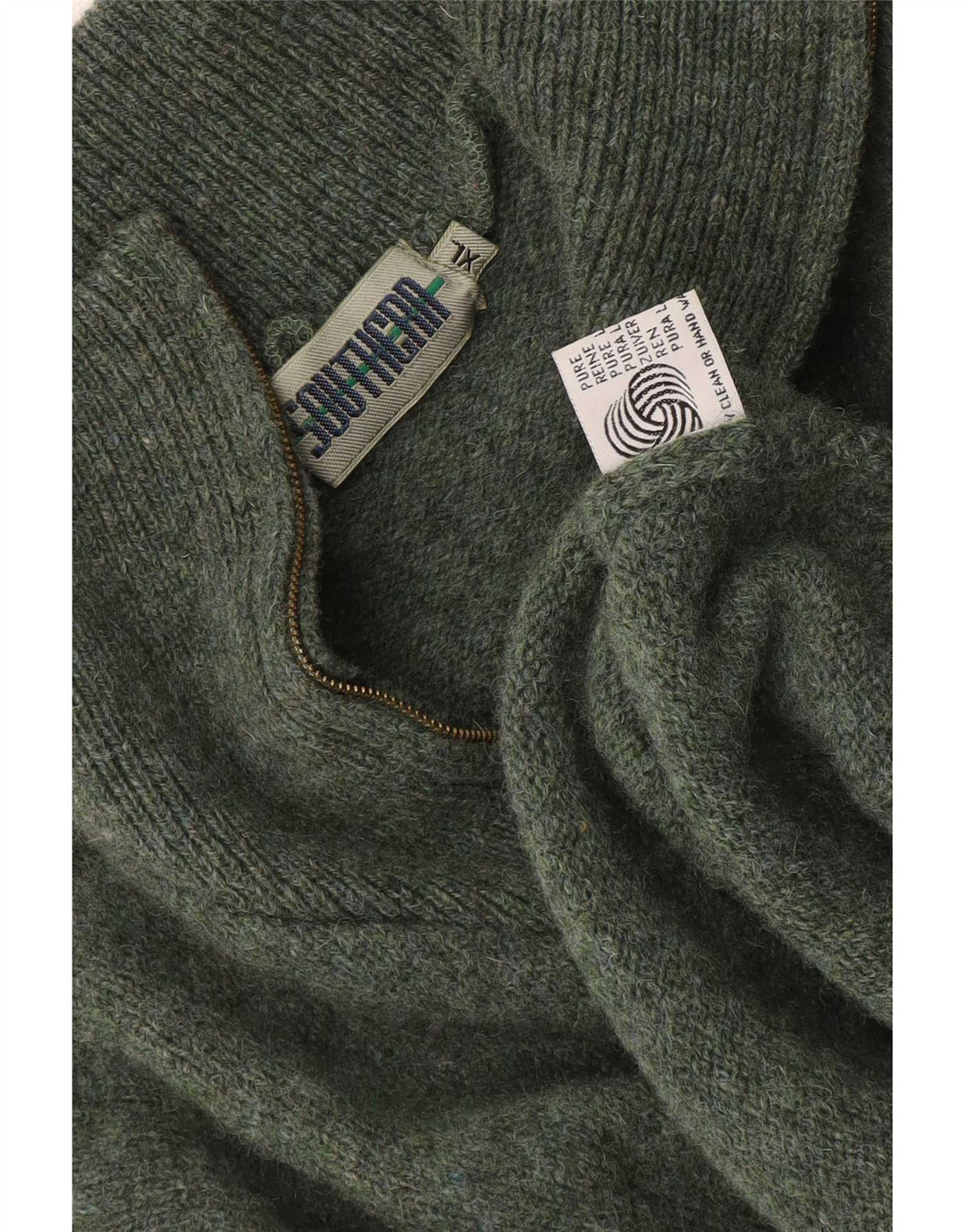 Vintage męski sweter z zamkiem błyskawicznym XL Khaki z dziewiczej wełny