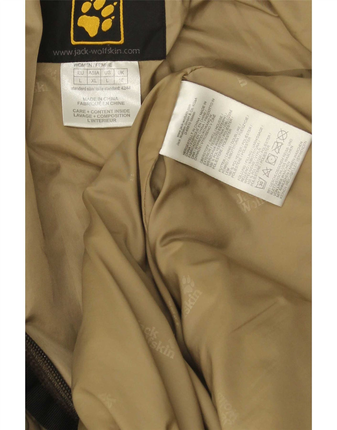 Damski ocieplany płaszcz z kapturem Jack Wolfskin UK 16, duży, brązowy poliester