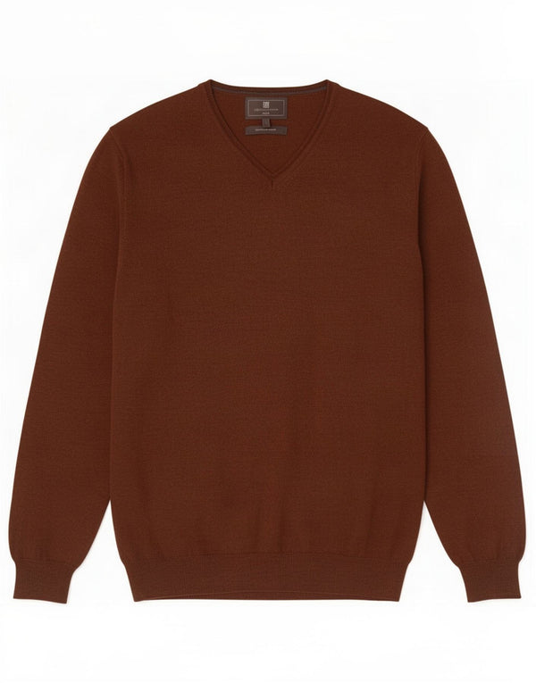 Marks & Spencer Męski sweter slim fit z dekoltem w kształcie litery V, duży, brązowy, wełna merynosów
