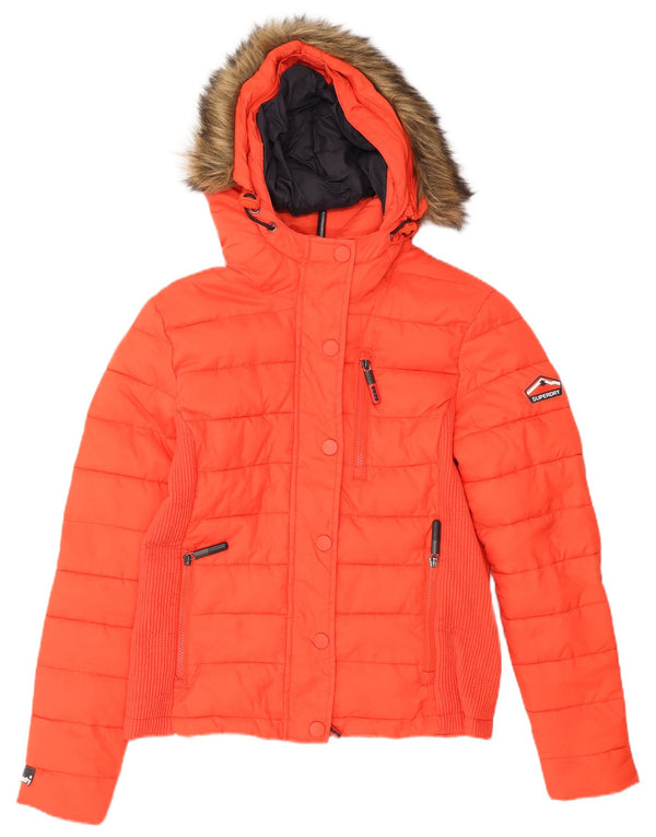 SUPERDRY Womens Hooded Padded Jacket UK 14 Large Orange Nylon