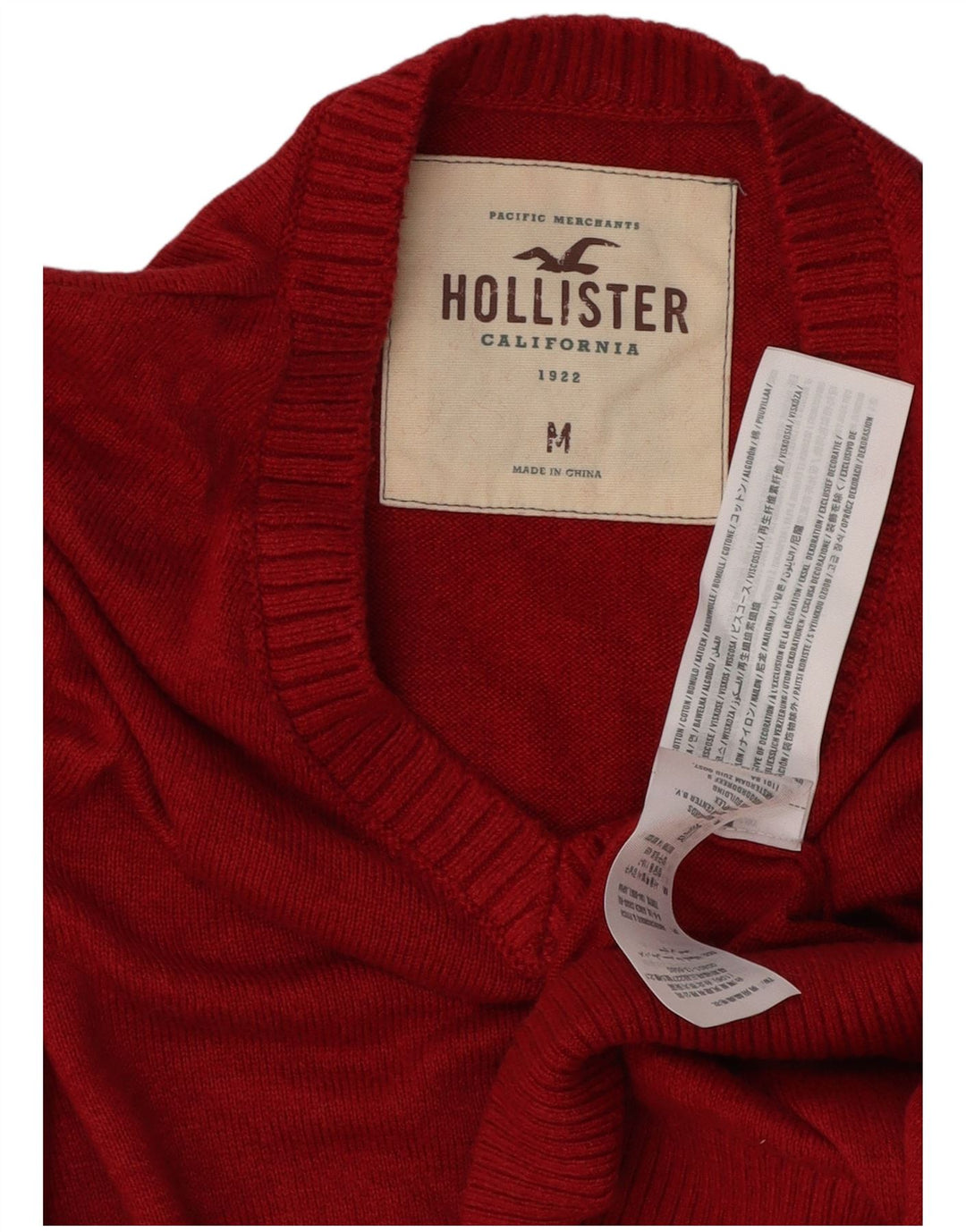 Męski sweter Hollister z dekoltem w kształcie litery V, średnio czerwony, bawełniany