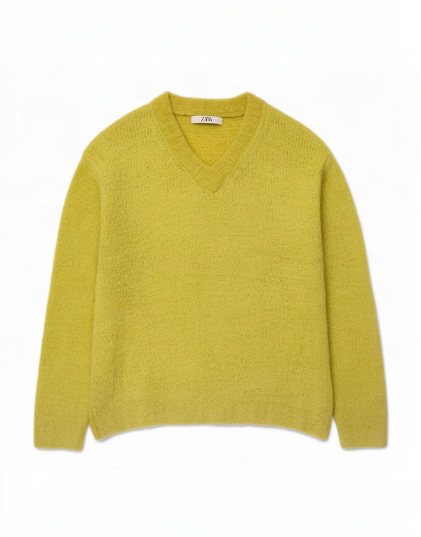 Sweter damski Zara z dekoltem w kształcie litery V, UK 16, duży, zielony, bawełniany