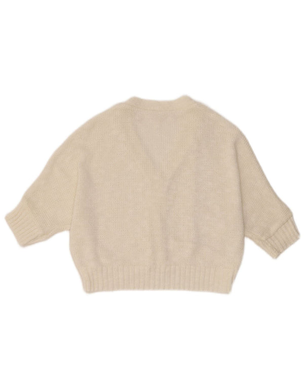 Vintage damski sweter rozpinany z krótkim rękawem UK 14, średni biały