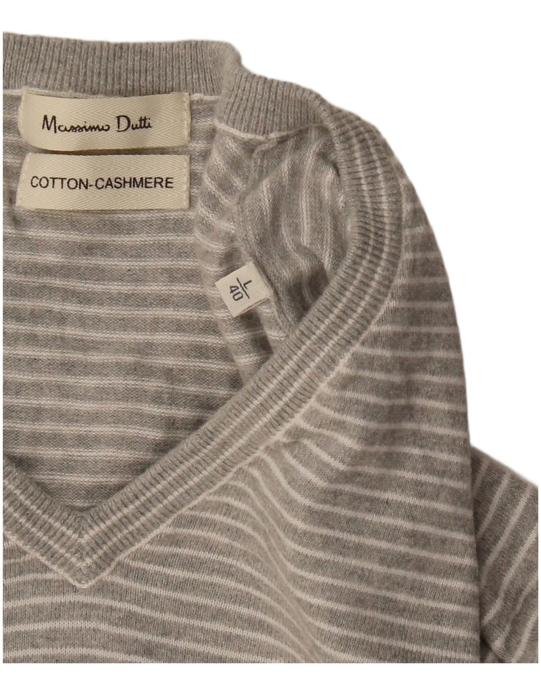 MASSIMO DUTTI Męski sweter z dekoltem w kształcie litery V, duży, bawełniany w szare paski