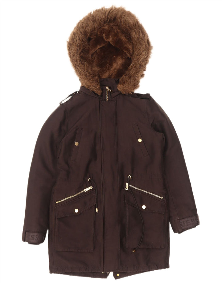 Damska kurtka parka z kapturem Guess z grafiką UK 6 XS, czarna, poliestrowa