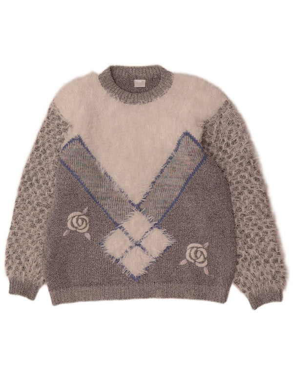 Sweter damski w stylu vintage z okrągłym dekoltem UK 20 2XL Szary, akrylowy blok kolorów