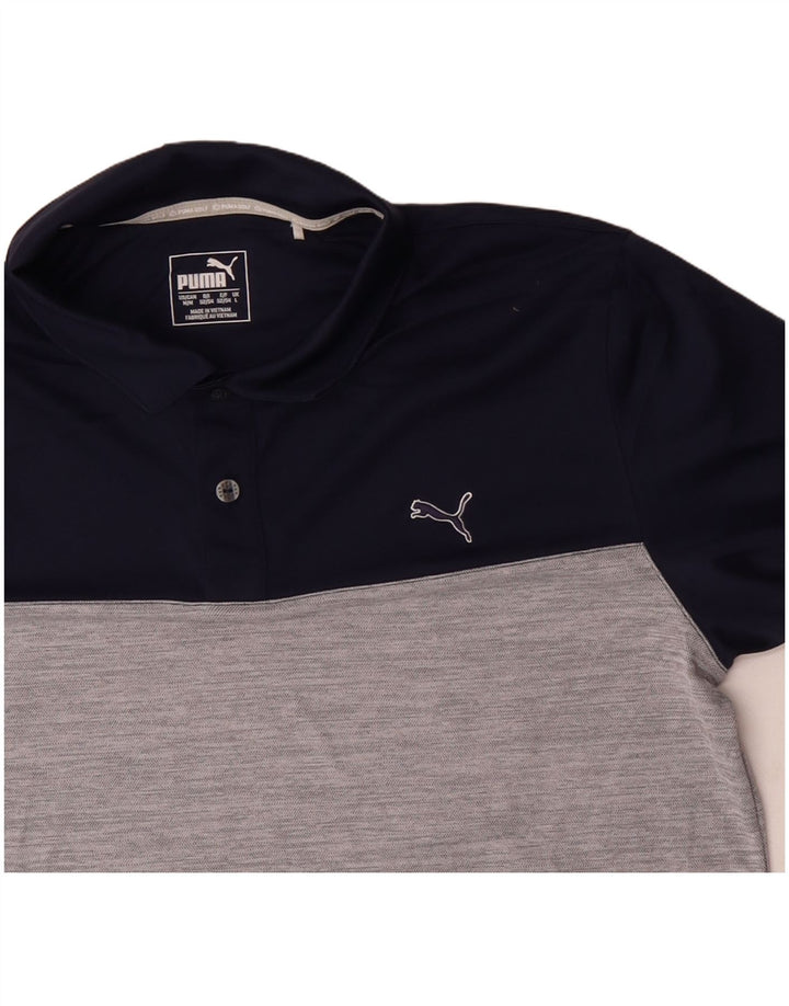 Męska koszulka polo PUMA, duża, granatowa, z poliestru w blokach kolorów