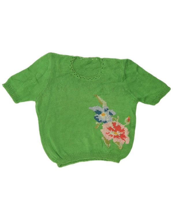 Vintage damski sweter z krótkim rękawem i okrągłym dekoltem UK 18 XL, zielony, kwiatowy