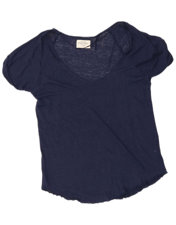 T-shirt damski Zara Top UK 16, duży, granatowy, lniany