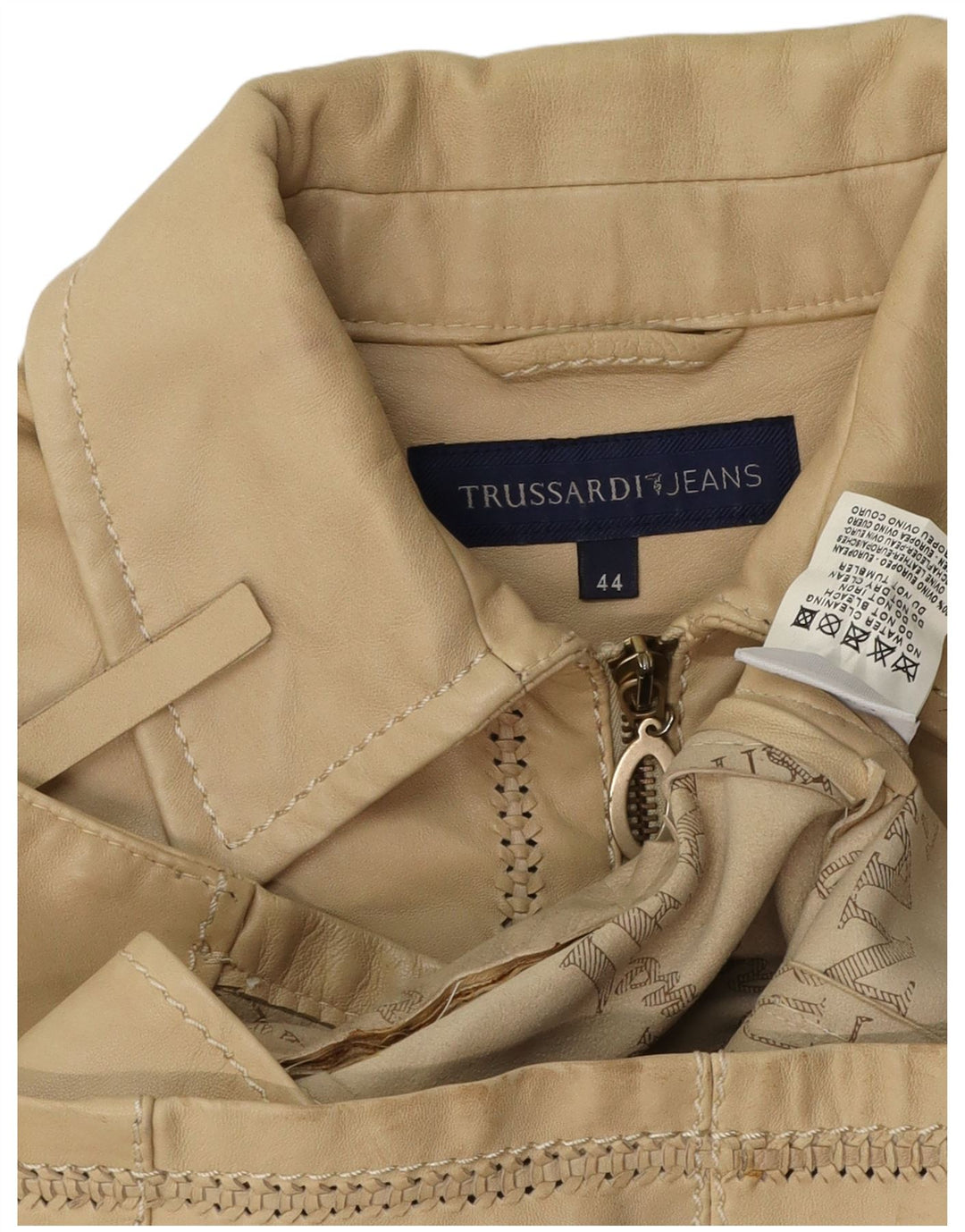 Damska kurtka skórzana typu Crop IT 44 marki TRUSSARDI JEANS w kolorze średniego beżu