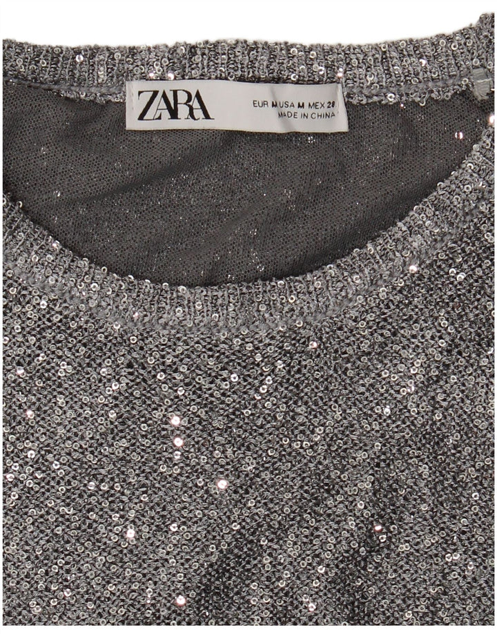 Sweter damski Zara z okrągłym dekoltem UK 12, średni, srebrny, nakrapiany