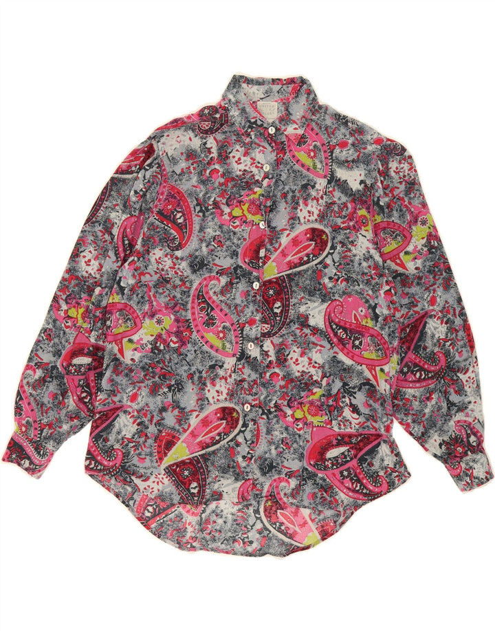 BENETTON Womens Longline Shirt UK 14 Medium Grey Paisley Viscose Vintage Benetton and Second-Hand Benetton from Messina Hembry 