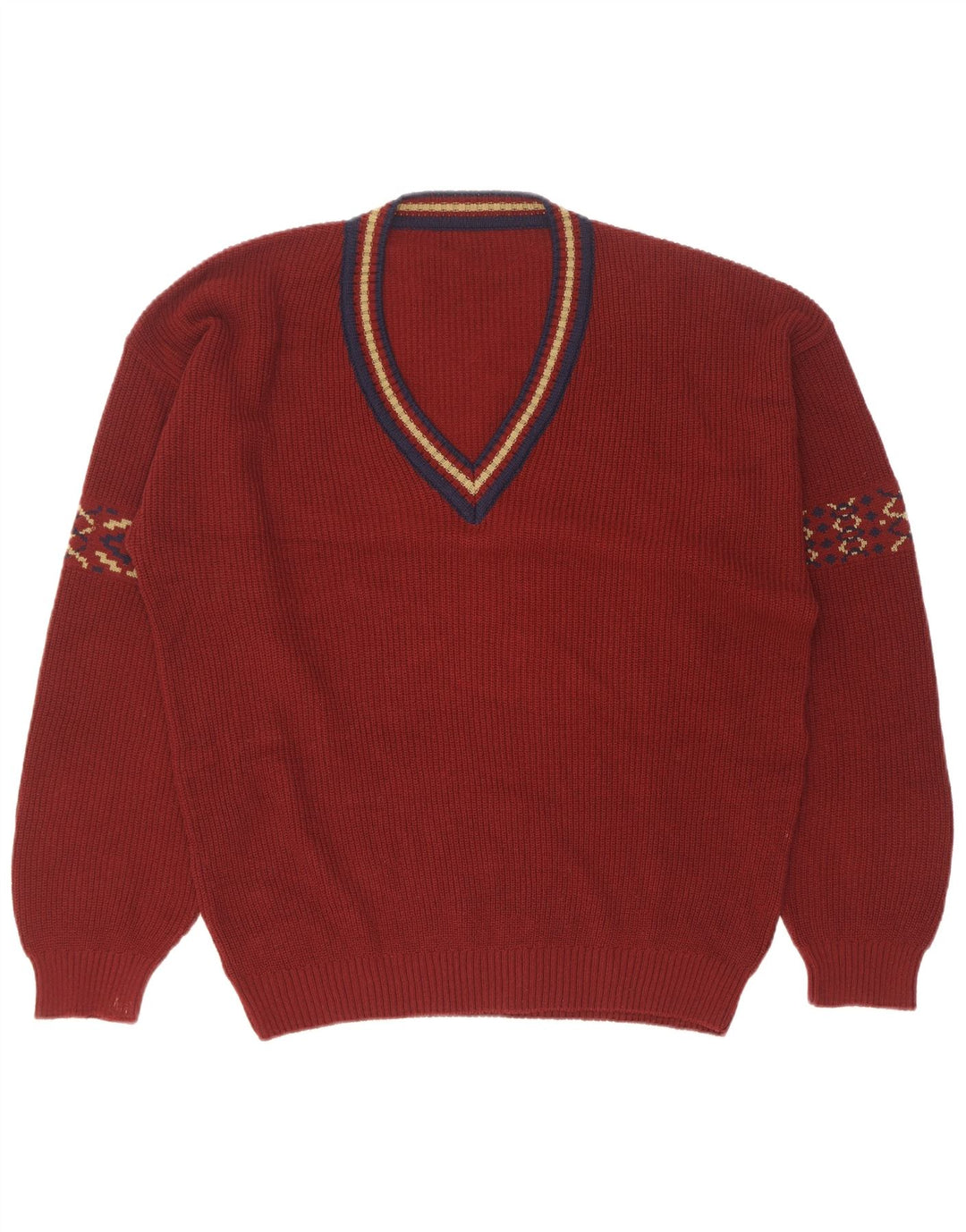 Męski sweter w stylu vintage z dekoltem w kształcie litery V, rozmiar 50, średni bordowy, geometryczny bawełniany