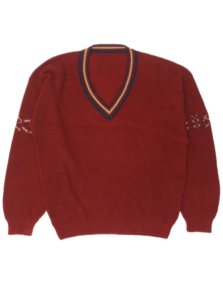 Męski sweter w stylu vintage z dekoltem w kształcie litery V, rozmiar 50, średni bordowy, geometryczny bawełniany