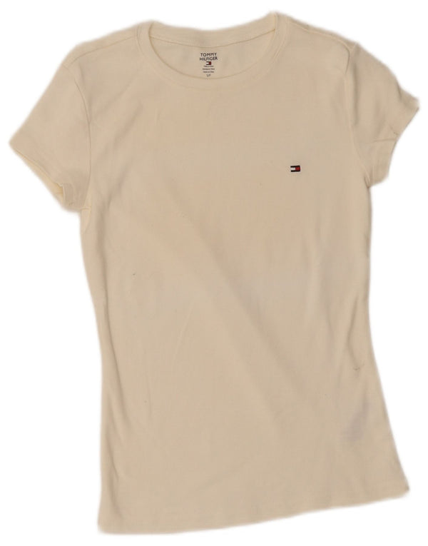 T-shirt damski Tommy Hilfiger Top UK 8, mały, złamanej bieli, bawełniany