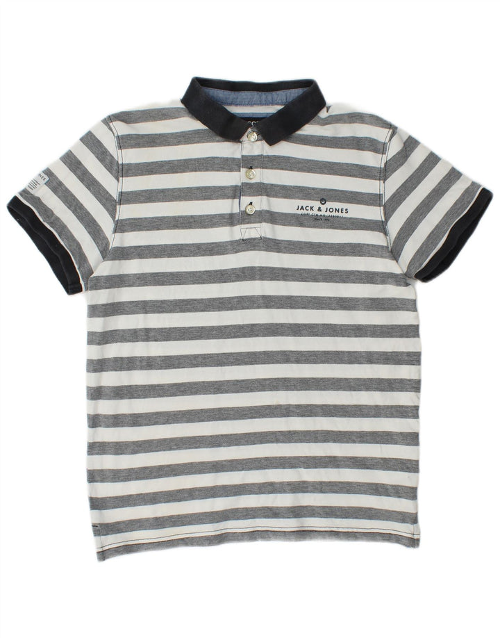 JACK & JONES Boys Polo Shirt 13-14 Years Medium  Grey Striped Cotton